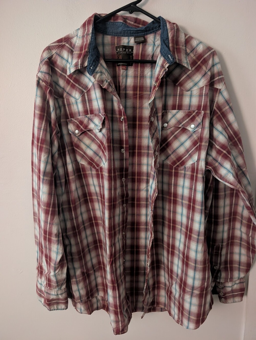 Roper Mens Western Pearl Snap Plaid Cotton Flannel Shirt 2XL Red White Blue
